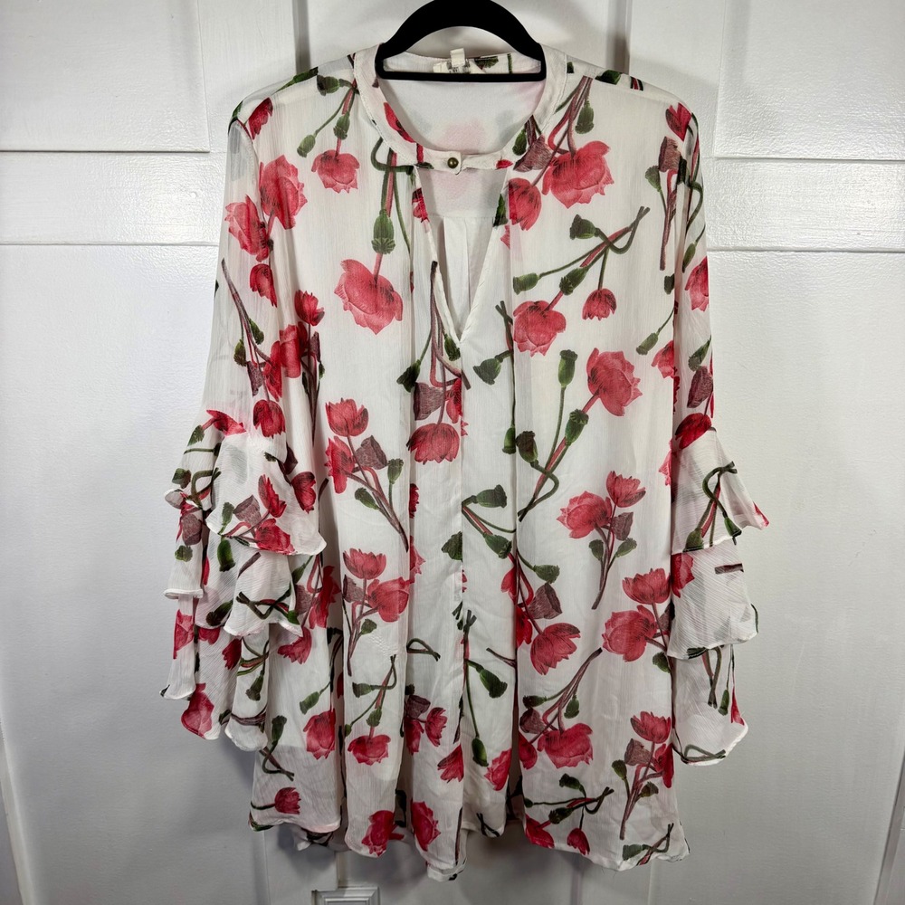 Umgee USA Floral Ruffle Bell Sleeve Tunic Dress White Red Poppy Print Medium